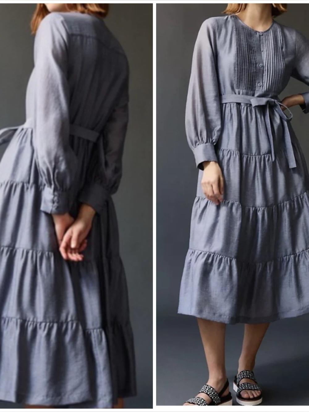 Anthropologie X mare mare Agosta grey Tiered Long-Sleeve Midi Dress